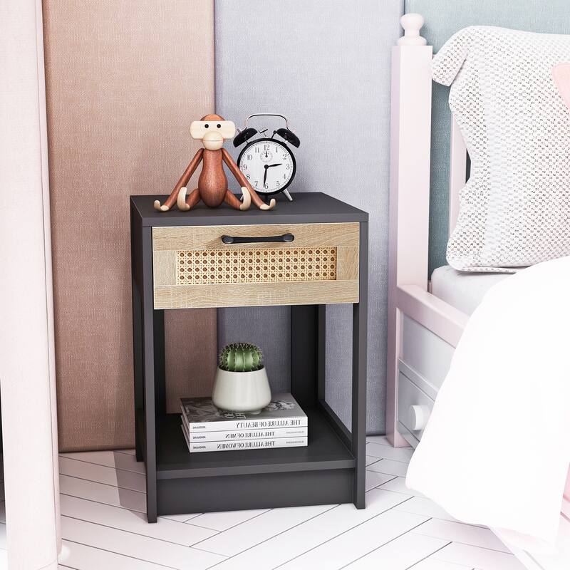 MDF 15.75 inch rattan black table with drawers, modern nightstand for living room - 1