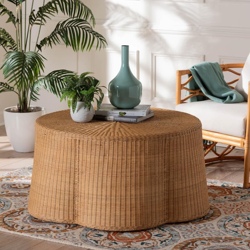 Palm Scalloped Rattan Coffee Table - Handwoven Wicker Round Accent Table for Living Room Patio or Sunroom, Coastal Style
