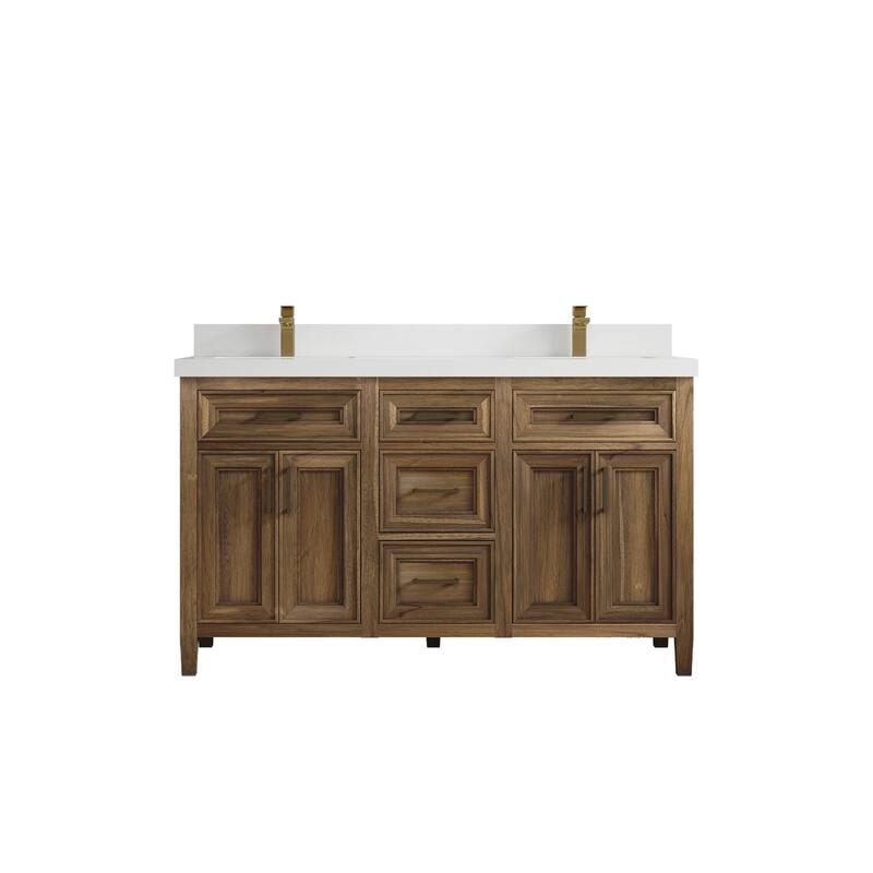 Willow Collections 60 in. W x 22 in. D Santa Monica Teak Double Sink Bathroom Vanity with Countertop - 2" White Quartz - Gray Washed Teak
