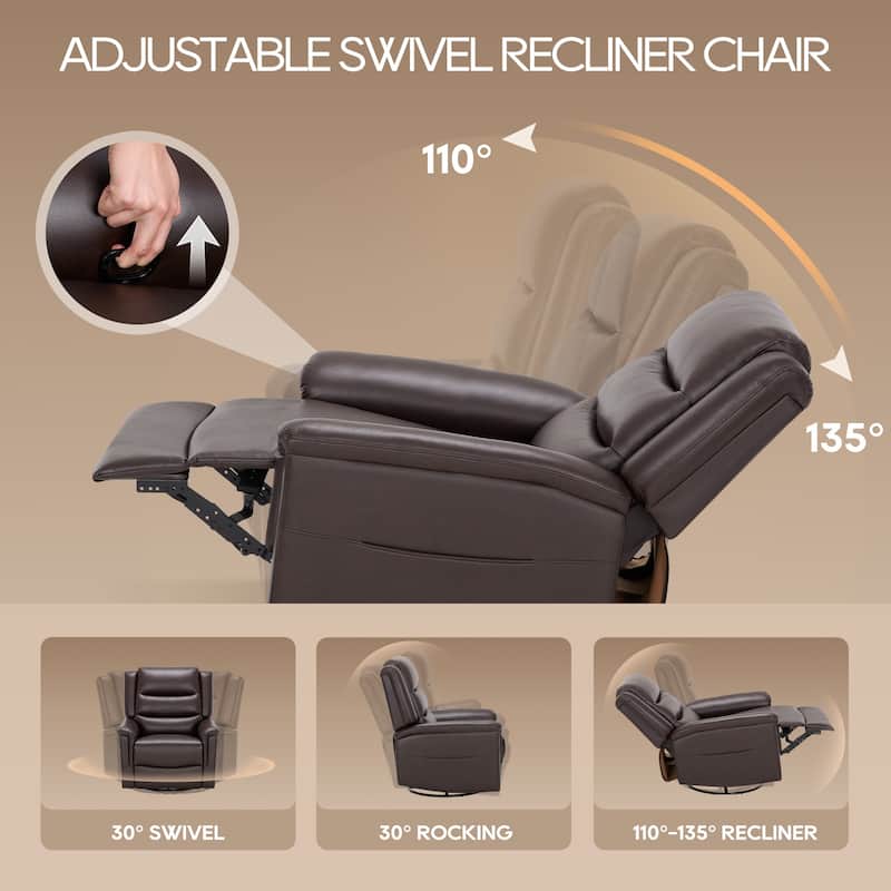 Premium Leather Swivel Recliner Chair with Rocking Motion Wide Seat Thick Cushioned Back