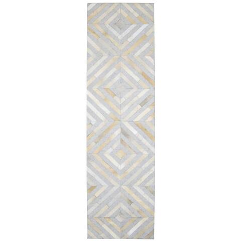 One of a Kind Hand-Woven Modern & Contemporary 10' Runner Diamond Leather Grey Rug - 2'5"x9'1"