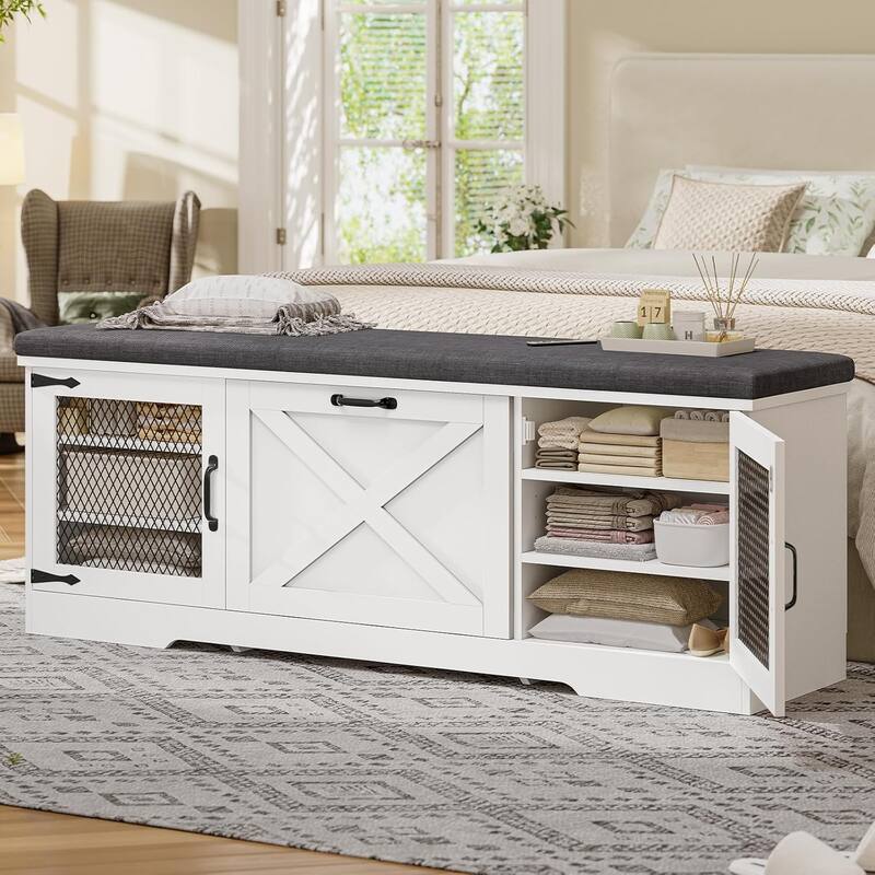 Storage Bench with Cushion Adjustable Shelf Shoe Rack Cabinet - 57"