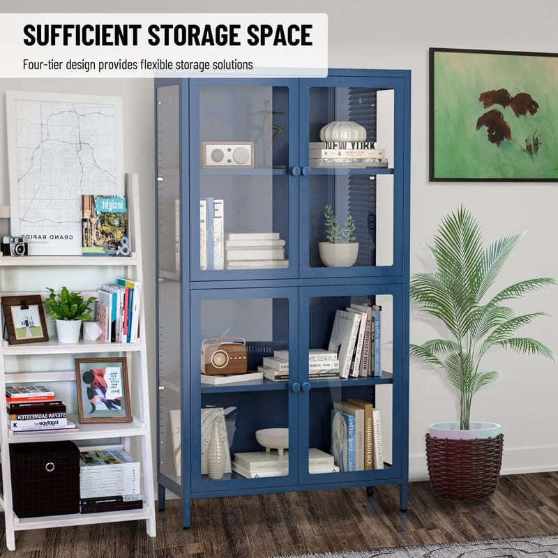 Storage Cabinet with 4 Glass Doors, Modern Sideboard Cabinet with Adjustable Shelves & Steel Feet, Accent Cabinet for Kitchen