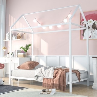 Twin Size Metal House Frame Platform Bed with Floor for Kids, Boys and Girls