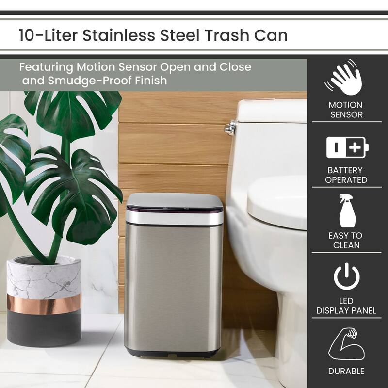 Hanover 10-Liter / 2.6-Gallon Trash Can with Sensor Lid and Carbon Odor Control in Stainless Steel