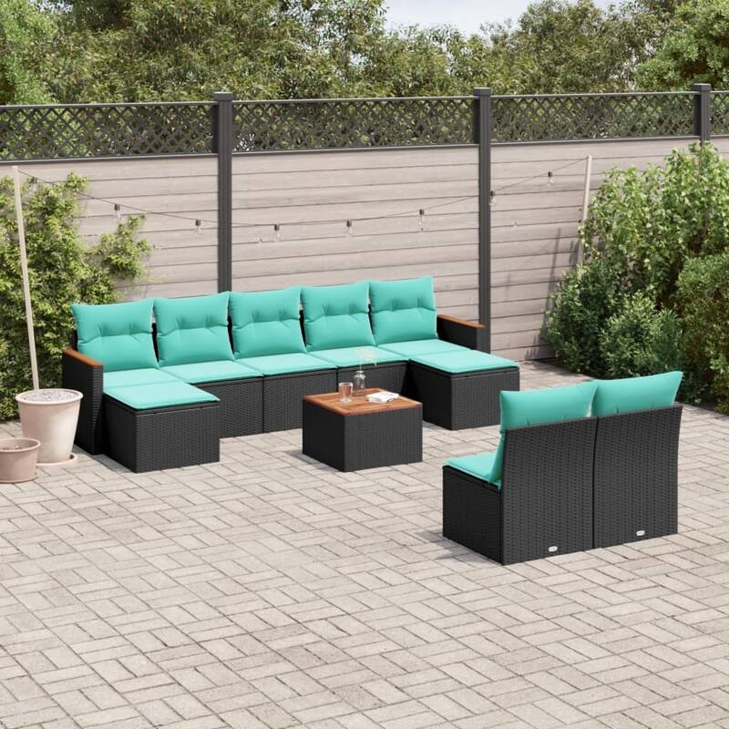vidaXL 9 Piece Patio Sofa Set with Cushions Black Poly Rattan - 21.7x27.2x24.4 - With table