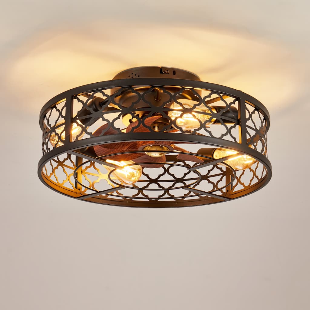 20 inch Flush Mount Ceiling Fan Light with Remote Caged Farmhouse Fandelier Black Wood Low Profile