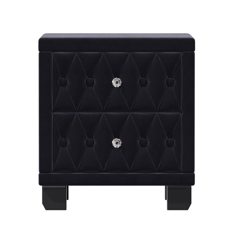 Elegant Velvet 2-Drawer Nightstand with Crystal Handles - Button-Tufted Storage Bedside Table (Black)