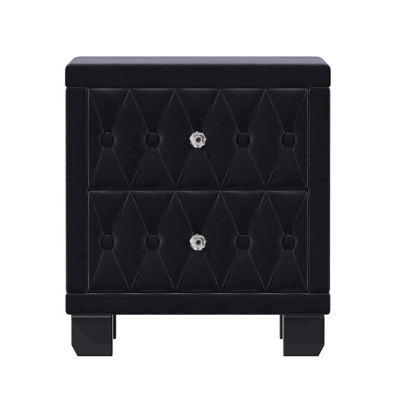 Velvet Upholstered Nightstand, Button-Tufted Storage Side Table, Wood Nightstand with 2 Drawers & Crystal Handle