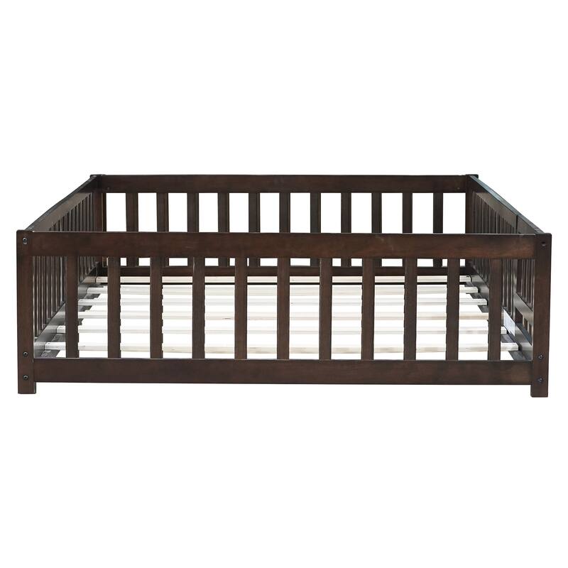 Full Size Floor Bed With Fence And Door,Rubber Wood Floor Bed With Safety Guardrails