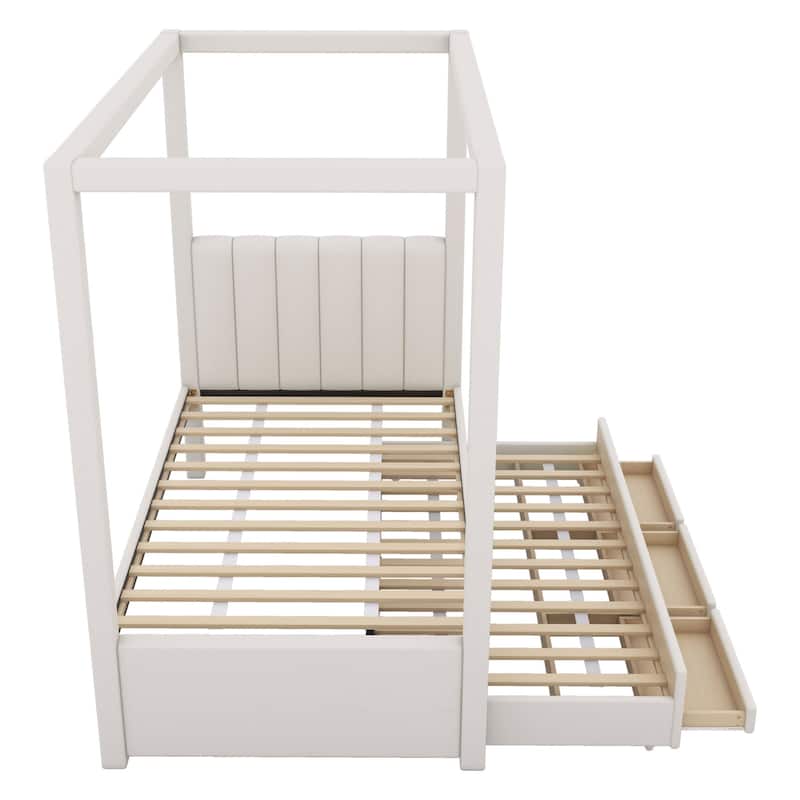 Upholstered Canopy Platform Bed with Trundle and Storage Drawers