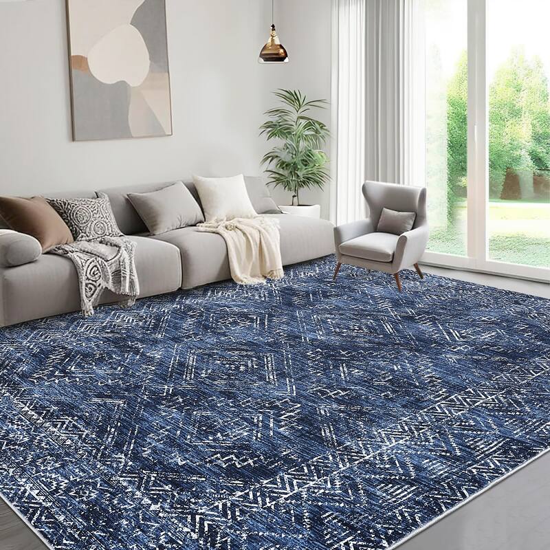 Vintage Geometric Living Room Rug Washable Indoor Bedroom Rugs Non Slip Low Pile Area Rug - 4'x6' - Blue