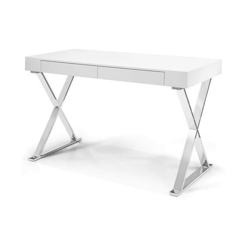 Desk Large High Gloss White Two Drawers Stainless Steel Base