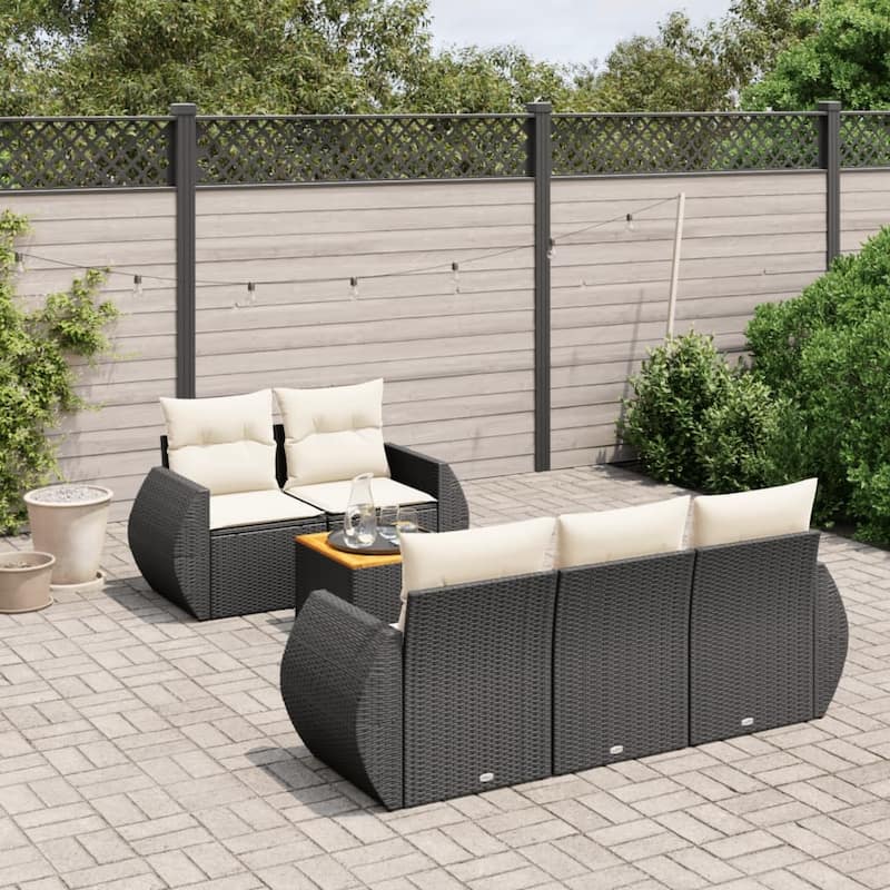 vidaXL Patio Sofa Set with Cushions Outdoor Furniture 6 Piece Poly Rattan - 24.4 x 27.6 x 27.2 - Black and Cream