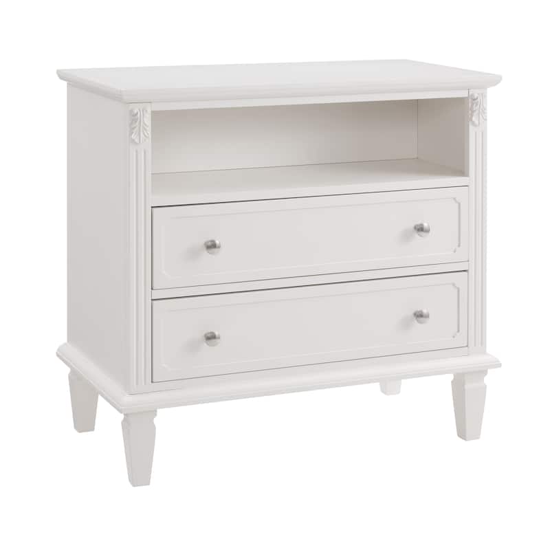 Farmhouse Nightstand with 2 Drawers and Charging Station, Solid Wood Legs, USB Ports & Open Shelf, Fluted Design End Table