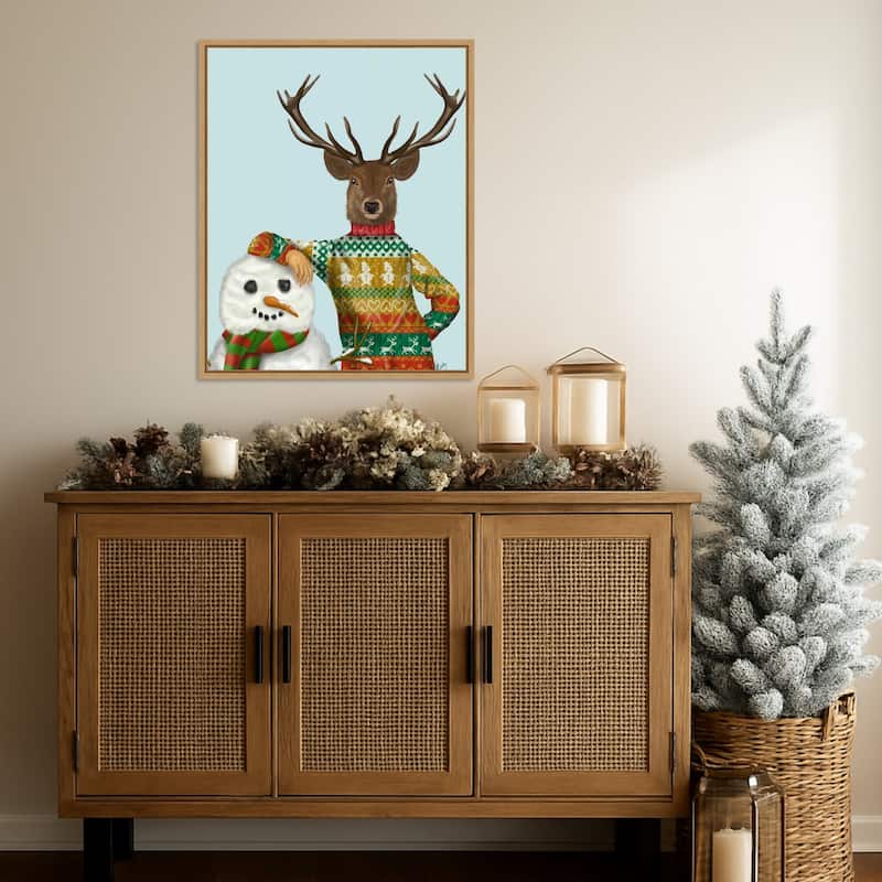 Deer in Christmas Sweater with Snowman by Fab Funky (23 x 28 in.), Framed Canvas Wall Art Print - Sylvie Natural