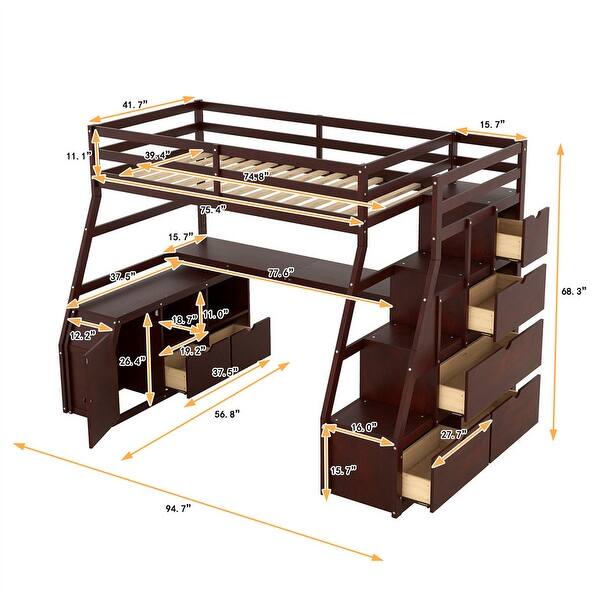 dimension image slide 2 of 6, Wooden Loft Bed with 7 Storage Drawers and Bulit-in Desk, Twin/Full Size Loft Bedframe with Storage Shelves and Cabinet