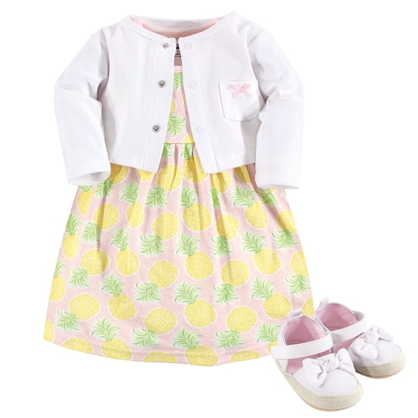 slide 1 of 1, Hudson Baby Infant Girl Cotton Dress, Cardigan and Shoe 3pc Set, Pineapple 0-3 Months - Pineapple