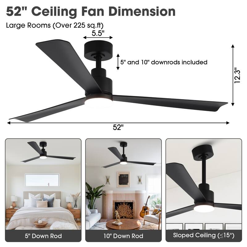 52" Modern Integrated LED Black Ceiling Fan with Light and Remote