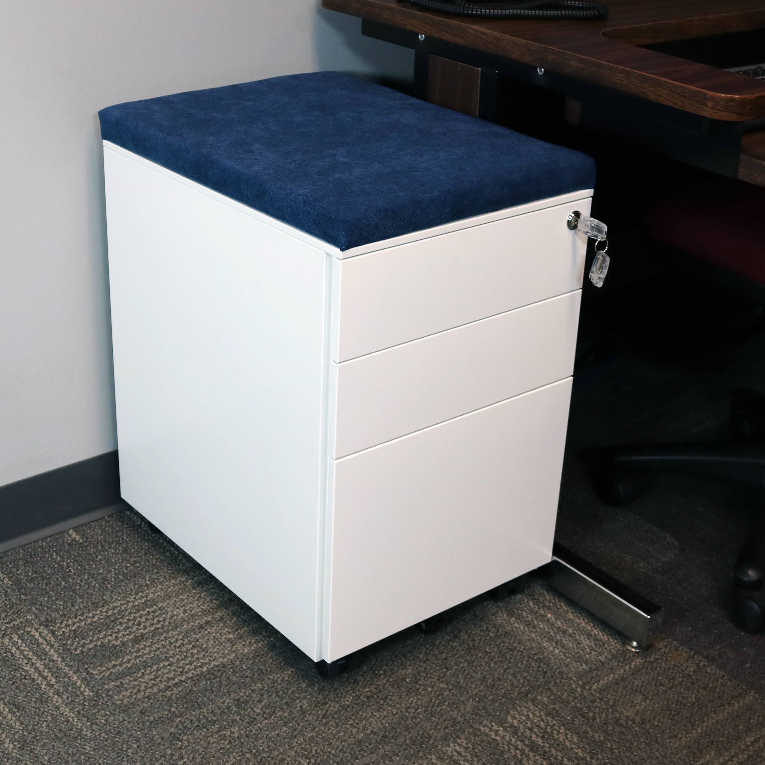 Casl Brands Rolling Mobile File Cabinet With Lock Cushion Seat White With Red Cushion Small Steel 3 Drawer Filing Storage System File Cabinets Mobile File Cabinets