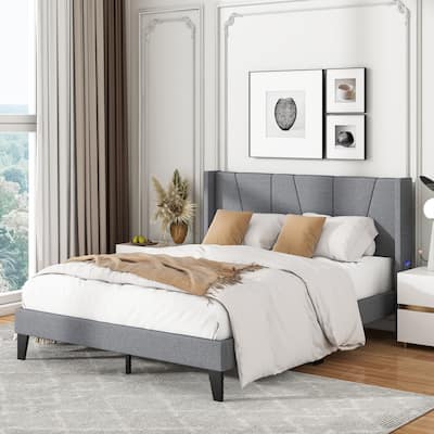 Bed Frame with Wingback Headboard and Wood Slat Support