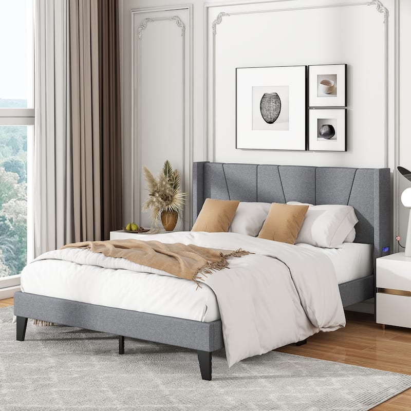 Bed Frame with Wingback Headboard and Wood Slat Support