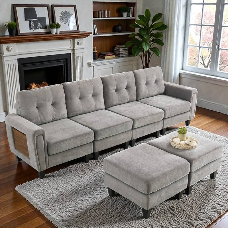 Modern 115" U-Shaped Modular Sectional Sofa with 2 Ottomans, USB Charging Ports, Foldable Side Tables, Chenille Upholstery