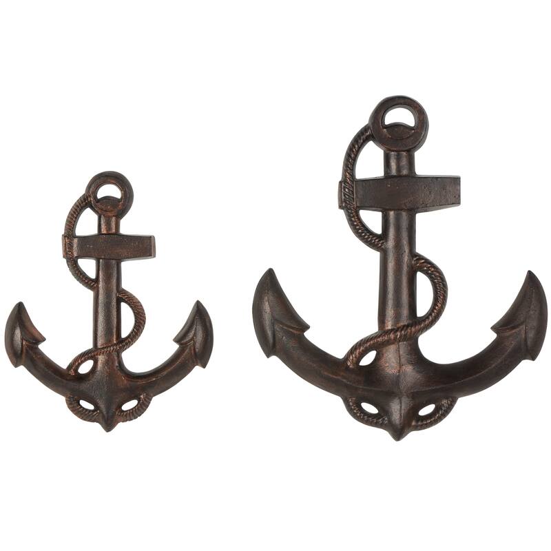 Bronze Aluminum Metal Weathered Anchor Home Wall Decor with Curved Rope Design (Set of 2)