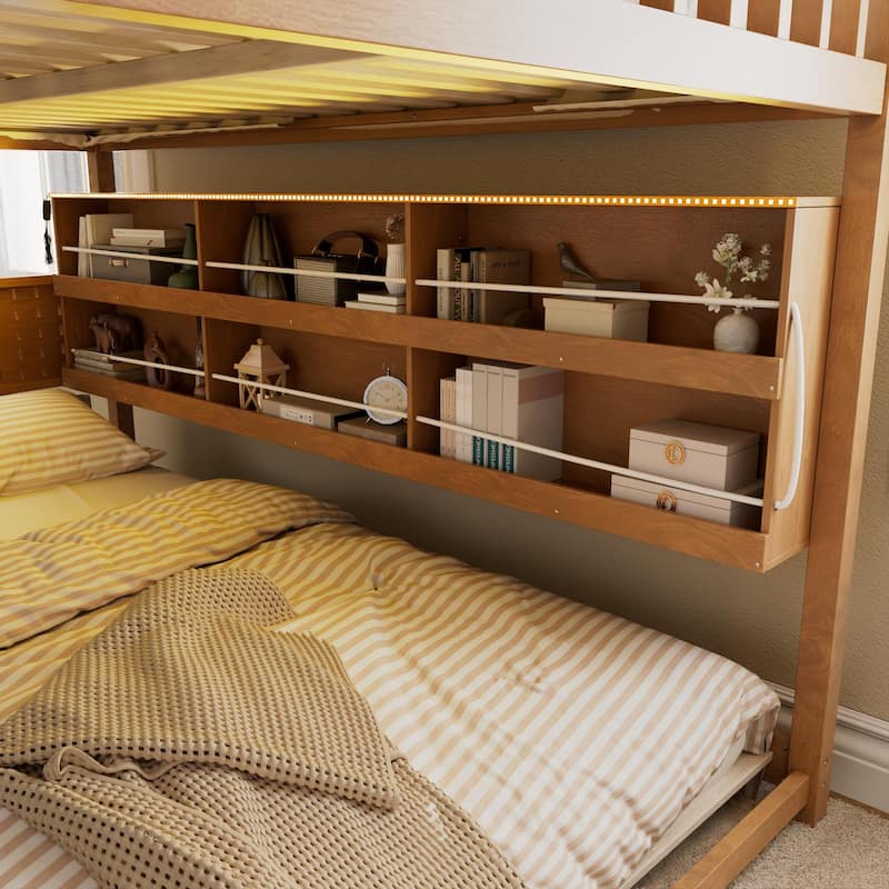 Full XL over Queen/Full over Full Bunk Bed with Integrated Shelving, Color-Changing Lights & Pegboard