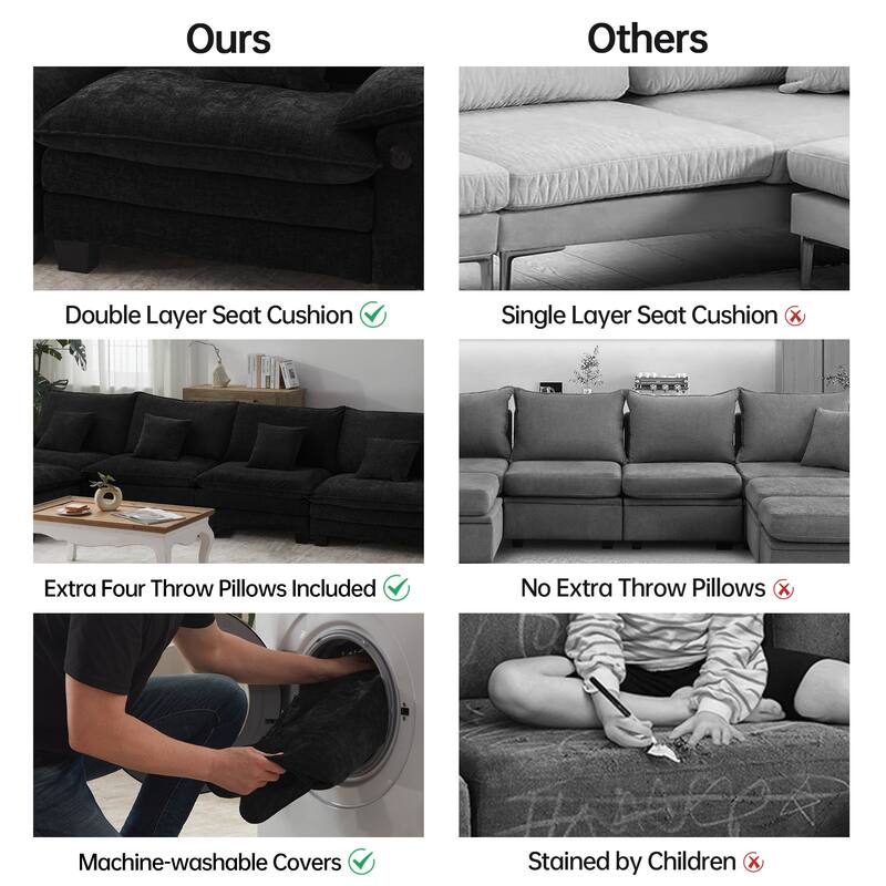 144" Modular Compression Sofa Set Convertible Sectional Sleeper Couch with 2 Ottomans