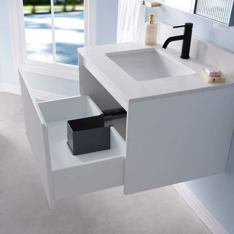20'' H Modern Wall-Mount Bathroom Vanity With White Quartz Top and Single Sink