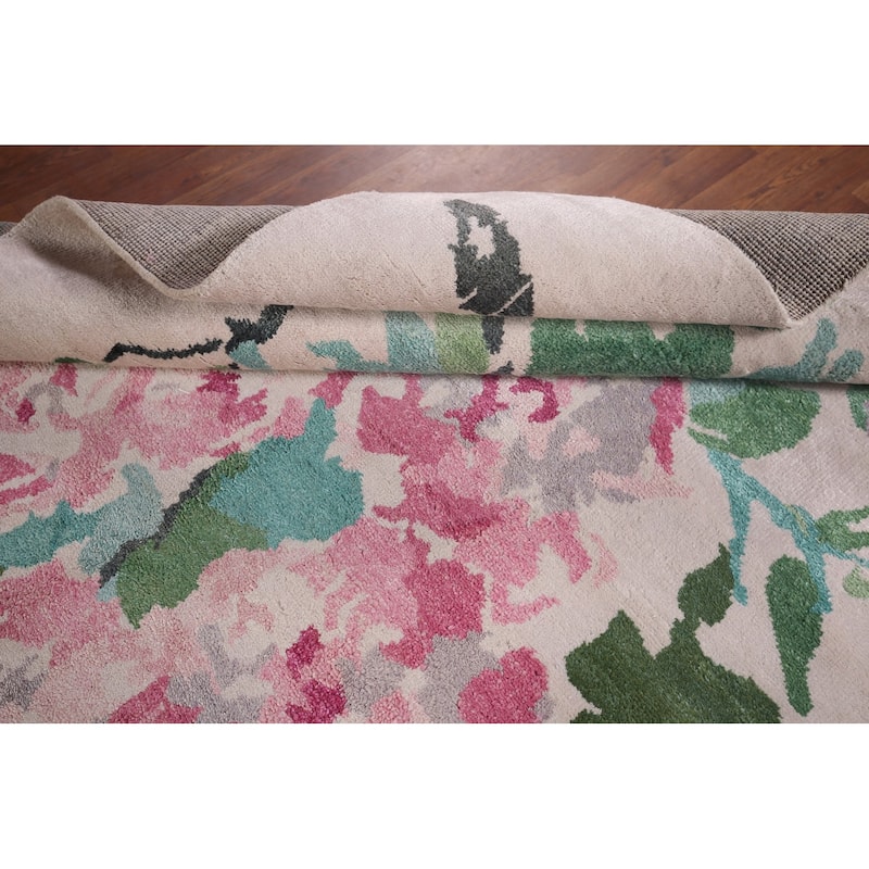Handmade Abstract Indian Area Rug Beige Oriental Wool & Silk Carpet - 6'7"x 9'9"