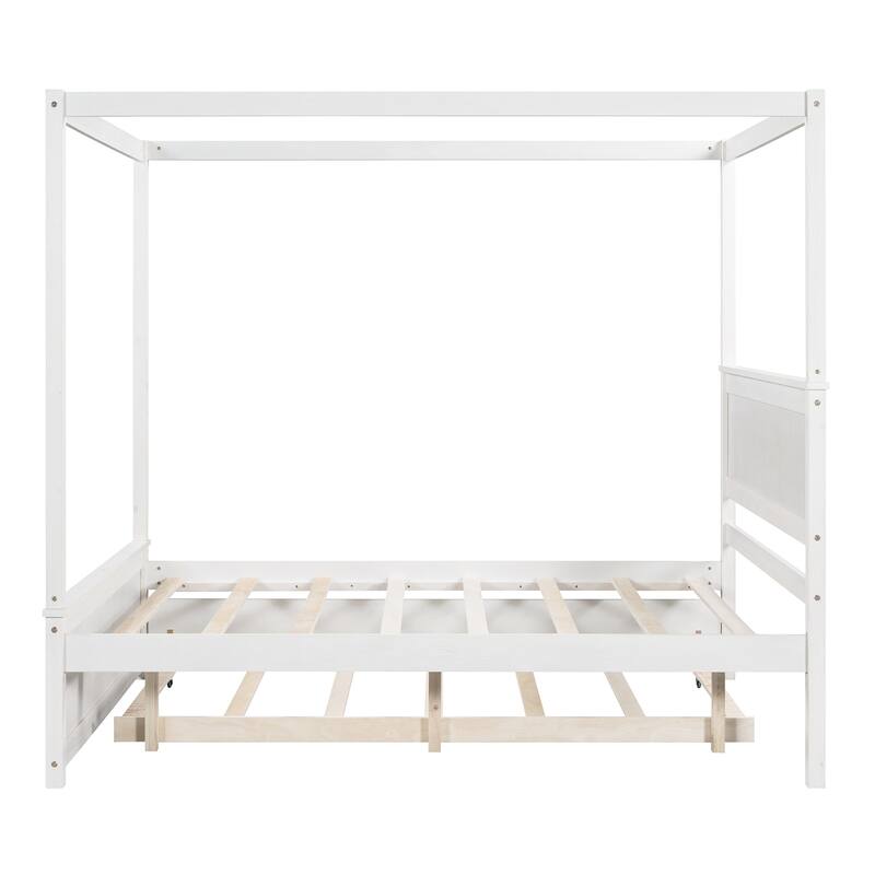 Full Size Canopy Platform Bed with Trundle, Solid Wood Frame, Support Slats Included