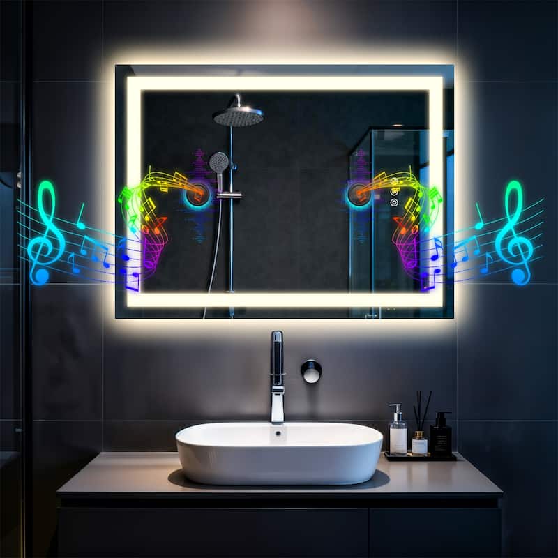 Rectangle Illuminated Bluetooth Bathroom Smart Tempered Glass Vanity Mirror with Double NdFeB Speakers - 20"x28"