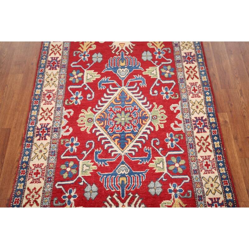 Red Geometric Kazak Oriental Foyer Rug Handmade Wool Carpet - 3'3" x 5'1"