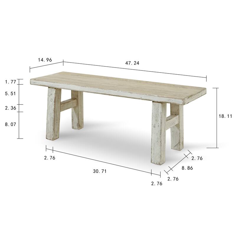 Artissance Small Amalfi Old Pine Wood Bench, 47 Inch Long, Antique Off White Finish
