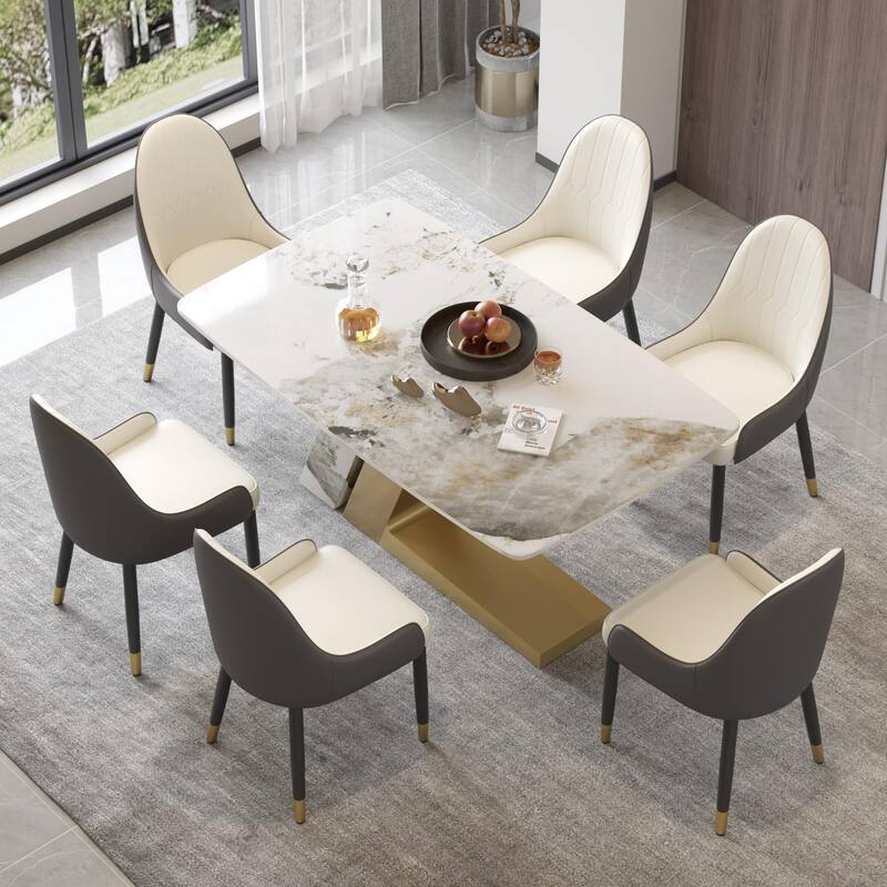 Rectangle Dining Table Faux Marble Tabletop Sintered Stone Panel with Stainless Steel Pedestal - 63" - Off White
