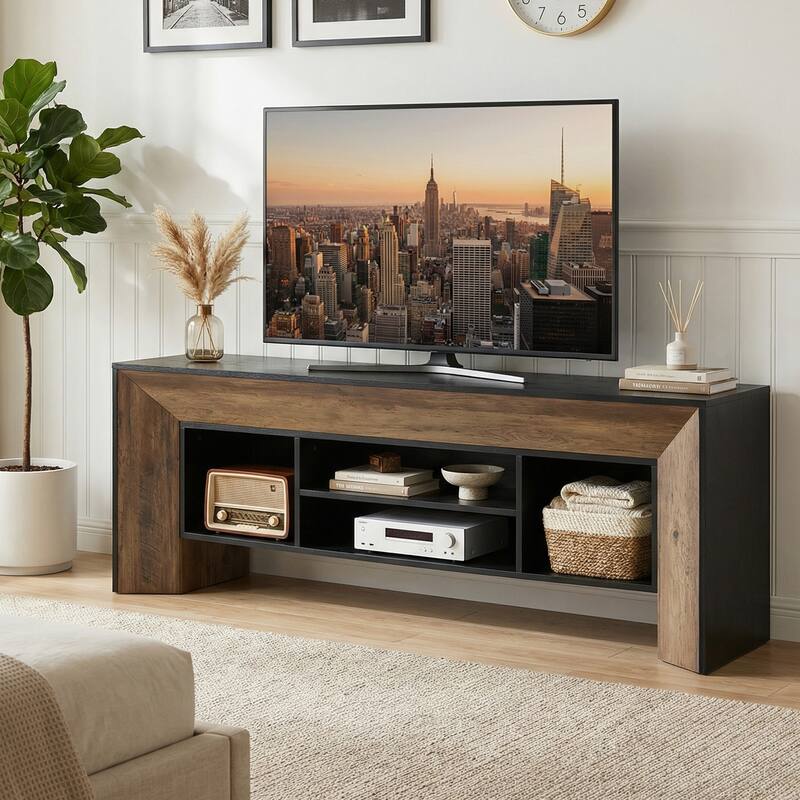 Rectangular Wood Entertainment Center fo TVs up to 75 Inches, Black and Brown TV Stands for Living Room