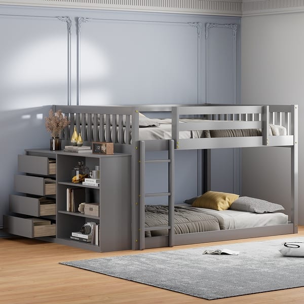 slide 2 of 17, Contemporary Style Full over Full Wood Bunk Bed,Solid Wood Bed with 4 Drawers and 3 Shelves Gray