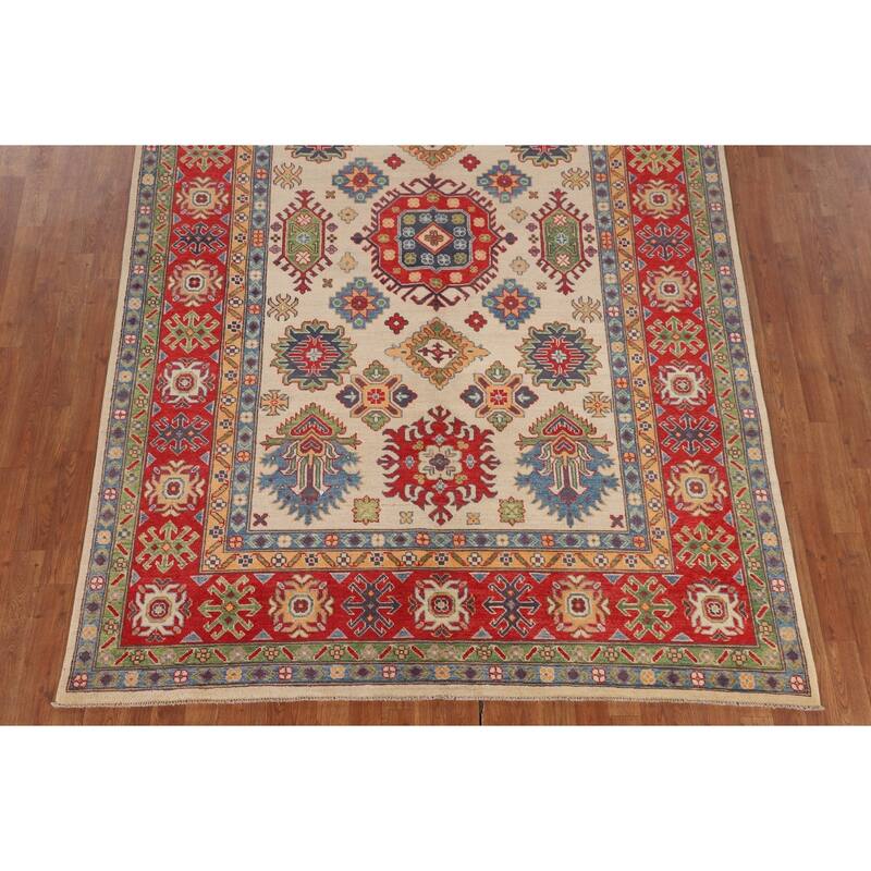 Geometric Kazak Area Rug Hand-Knotted Beige / Ivory Wool Carpet - 6'5" x 9'8"