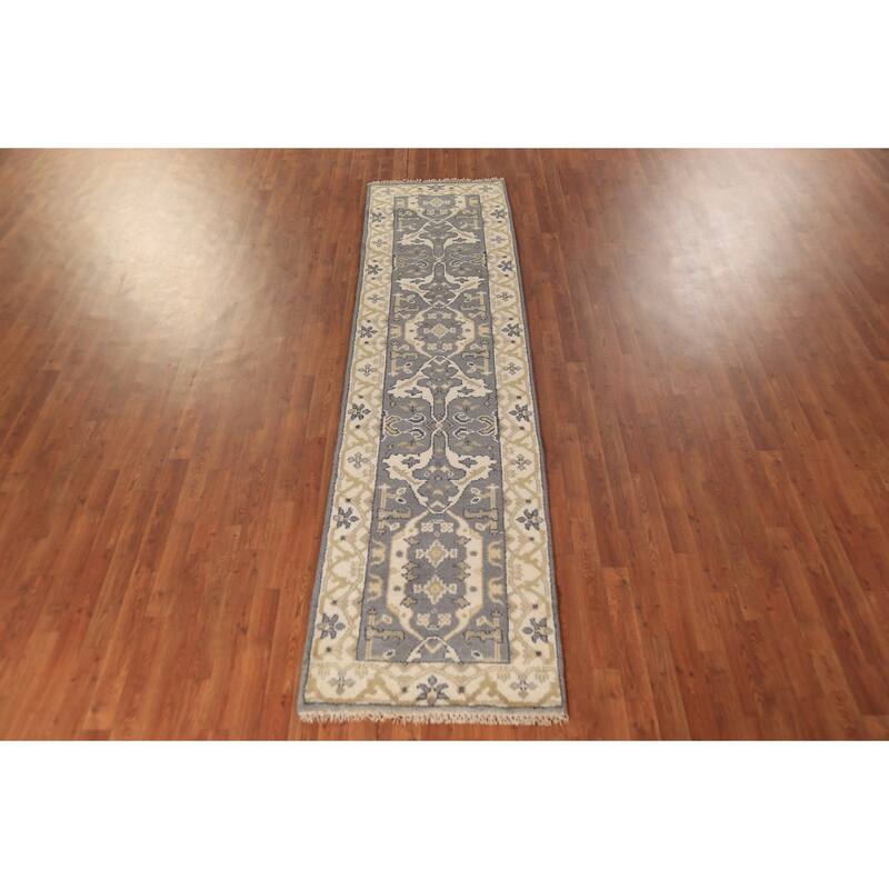 Transitional Gray Oushak Indian Runner Rug Hand-Knotted Wool Carpet - 2'6" x 9'10"