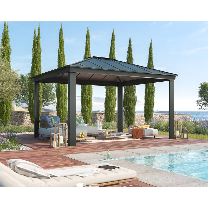 Dallas Gray/Gray Opaque Outdoor Gazebo with Insulating and Sleek Roof Design - 12ft. x 14ft.