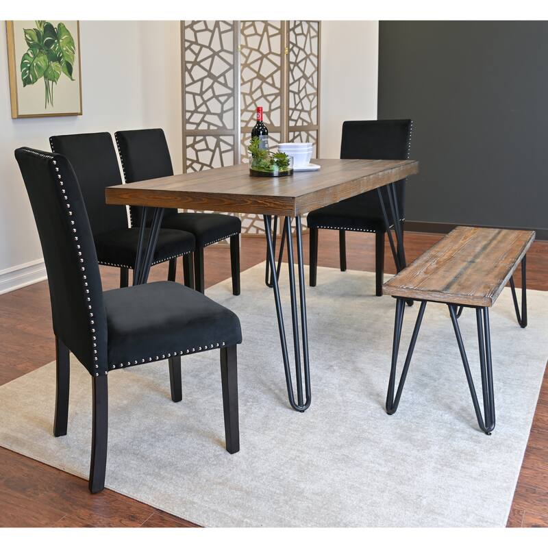 Roundhill Furniture Ashzo 6-Piece Dining Set, Hairpin Dining Table with 4 Chairs and Bench
