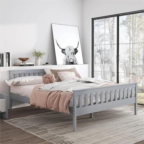 Modern Low Profile Full Size Platform Bed with Headboard with Corner Grey