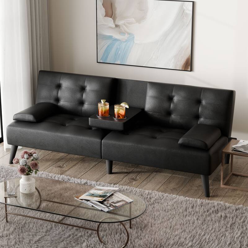 Faux Leather Tight Back Convertible Sofa Bed - Black