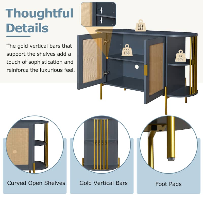 2-Door Storage Cabinet with Woven Rattan Doors, Buffet Sideboard with Gold Trim, Console Table with Curved Open Shelves