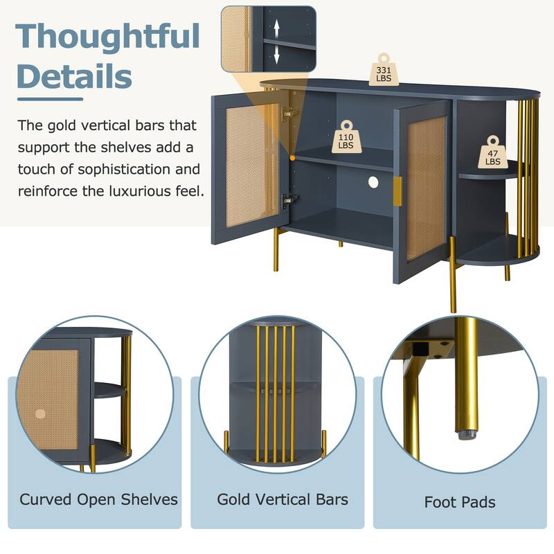 Modern Sideboard with Gold Accents & Rattan Doors, Perfect for Dining Room & Living Room