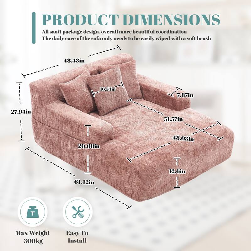 Chenille Interior Lazy Sofa Chaise Longue Armchair With Three Pillows And Armrestssleeping Sofa Bed