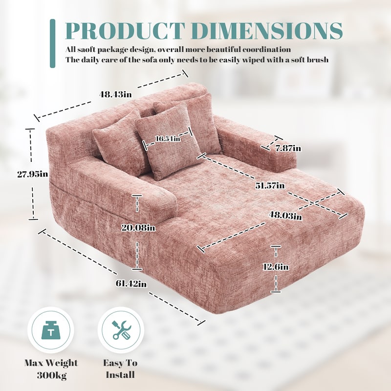 Chenille Lazy Sofa Chaise Lounge with Pillows - Convertible Armchair with Armrests, Multi-Position Sleeper for Living Room