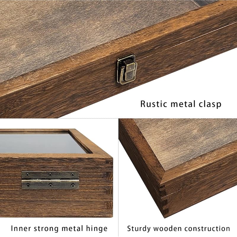 Wooden Jewelry Display Case with Tempered Glass Top & Black Velvet Pad Insert, Wooden Jewelry Tray for Collectibles - S